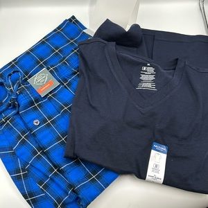 NWT MENS ST JOHN’s BAY PLAID PAJAMA AND ARIZONA BLACK SHIRT COTTON V NECK